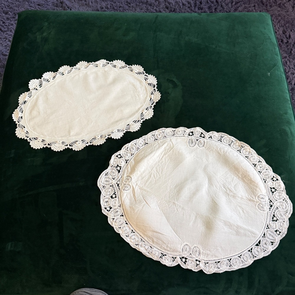 Vintage White‎ Linen Lace Doily Set Oval Round Table Linens 2pc